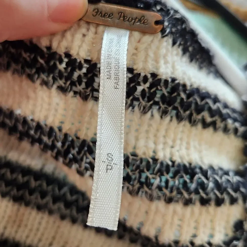 Free People Spells Trouble Stripe Pullover Sweater 3/4 Sleeve Ivory Black Small